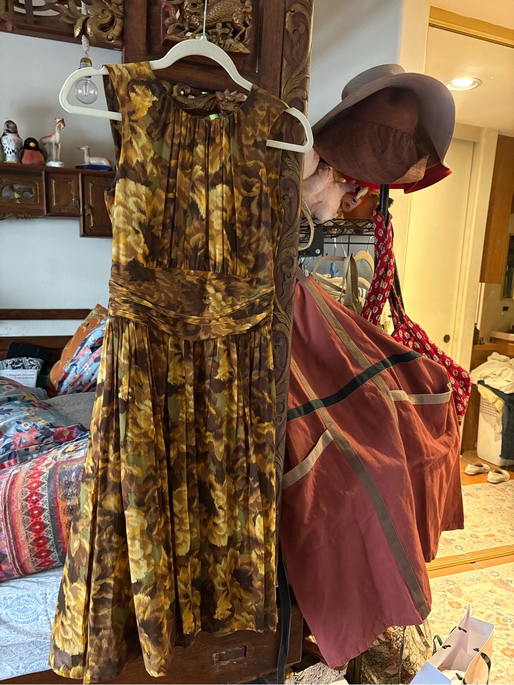 Michaels Yellow and Brown Floral Pleated Midi Dress